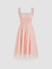 Two Pieces Mesh Square Neck Ruched Lettuce Trim Midi Dress & Solid Slip Dress