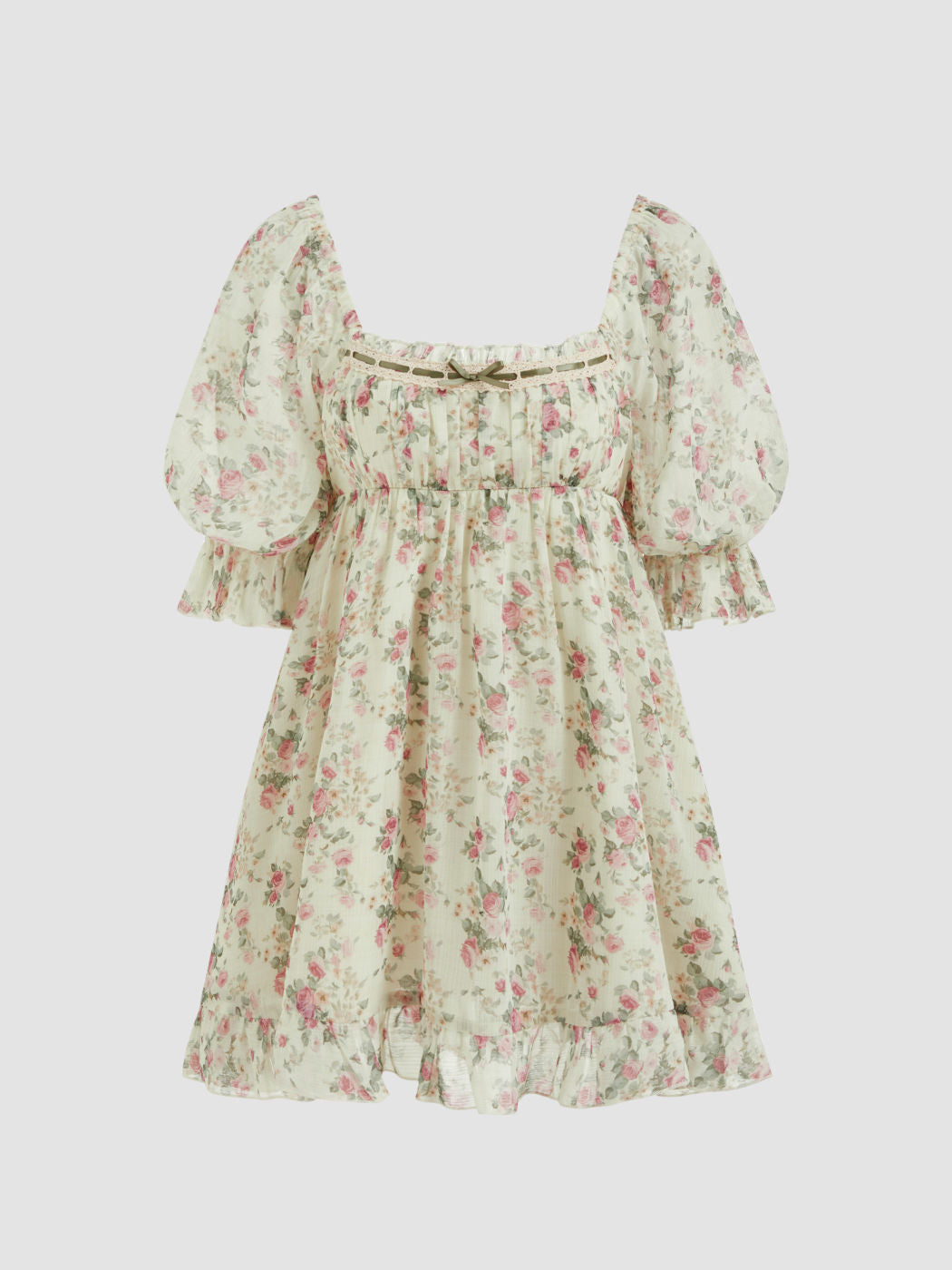 Chiffon Square Neck Floral Bowknot Puff Sleeve Mini Dress