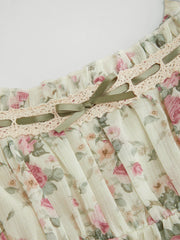 Chiffon Square Neck Floral Bowknot Puff Sleeve Mini Dress