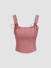 U-neckline Gingham Bowknot Crop Tank Top & Low Rise Mini Skirt Set