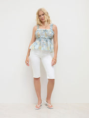 Chiffon Illusion Shirred Lettuce Trim Lace Up Ruffle Hem Tank Top