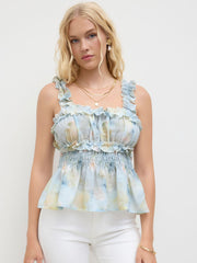 Chiffon Illusion Shirred Lettuce Trim Lace Up Ruffle Hem Tank Top