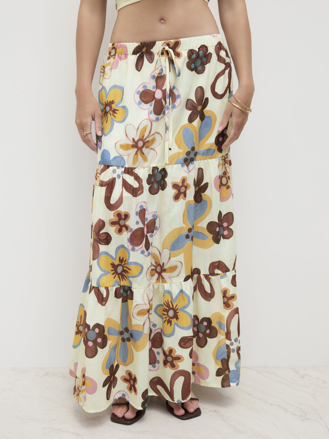 Mid Rise Floral Knotted Tiered Maxi Skirt