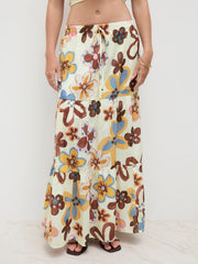 Mid Rise Floral Knotted Tiered Maxi Skirt