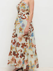 Halter Neckline Floral Ruched Criss Cross Maxi Dress