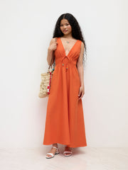 Cotton-blend V-neck Beaded Shirred Ruffle Maxi Dress