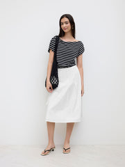 Cotton Low Rise Tie Side Knotted Pleated Midi Skirt