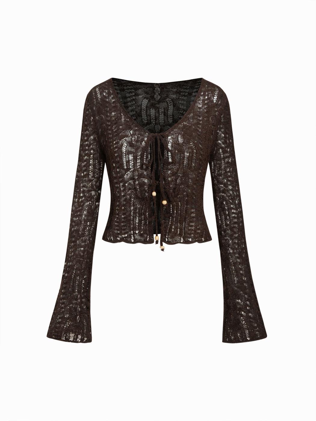 Knit Crochet V-Neck Beaded Hollow Out Knotted Cardigan