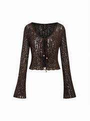Knit Crochet V-Neck Beaded Hollow Out Knotted Cardigan