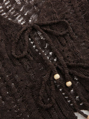 Knit Crochet V-Neck Beaded Hollow Out Knotted Cardigan