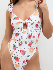 Shaping V-neck Fruit Polka Dot Cut Out One Piece Swimsuit
