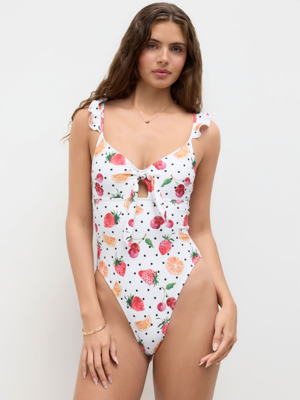 Shaping V-neck Fruit Polka Dot Cut Out One Piece Swimsuit