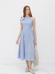 Cotton Boat Neck Gingham Bowknot Midi Dress