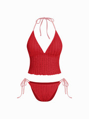 Texture Halter Neckline Lettuce Trim Knotted Tankini Tie Side Bikini Set With Sarong