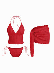 Texture Halter Neckline Lettuce Trim Knotted Tankini Tie Side Bikini Set With Sarong