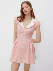 Cotton Collar Gingham Ruffle Mini Dress