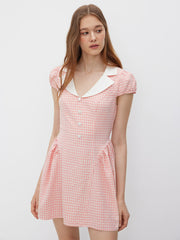 Cotton Collar Gingham Ruffle Mini Dress