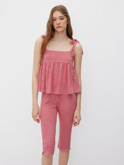 Gingham Ruffle Hem Knotted Cami Top With Low Rise Split Legging Capri Trousers Set
