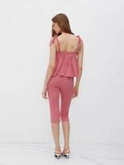 Gingham Ruffle Hem Knotted Cami Top With Low Rise Split Legging Capri Trousers Set