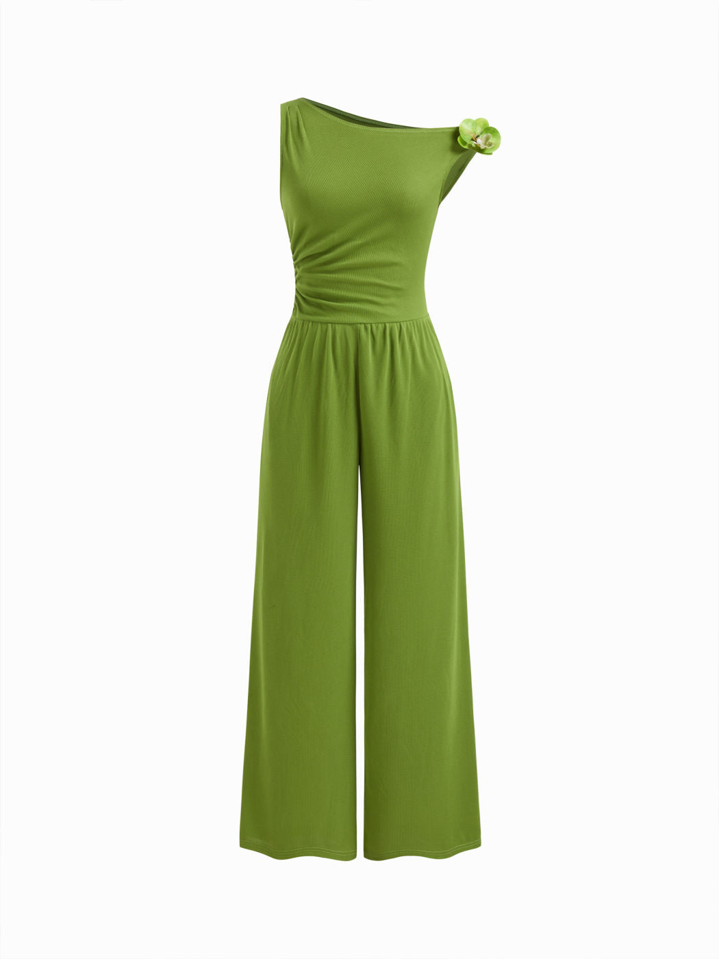 Asymmetrical Neck Flower Detail Ruched Straight Leg Jumpsuit