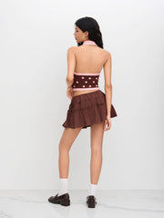 Knit V-neck Halter Polka Dot Button Crop Tank Top
