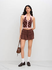 Knit V-neck Halter Polka Dot Button Crop Tank Top
