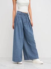 Denim Mid Rise Striped Pleated Wide Leg Jeans