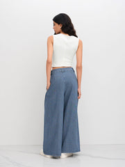 Denim Mid Rise Striped Pleated Wide Leg Jeans