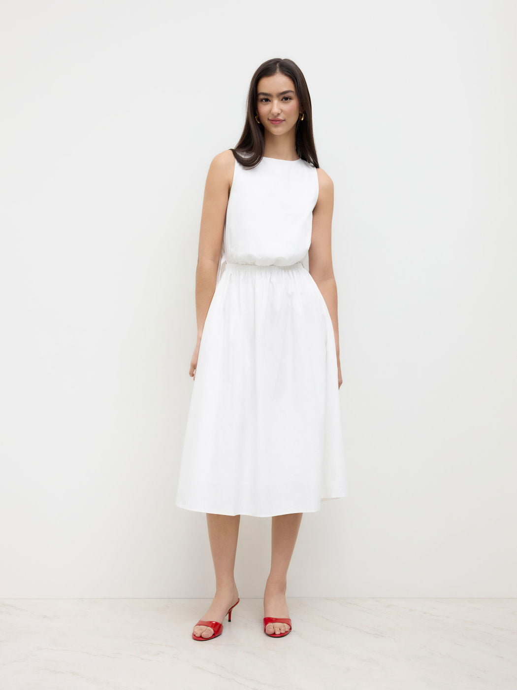 Cotton Round Neckline Elastic Waist Cut Out Split Midi Dress