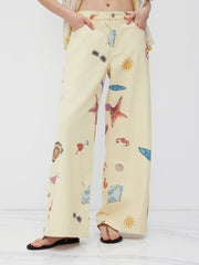Cider Denim Low Rise Seafood Pattern Wide Leg Jens