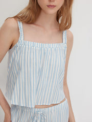 Cotton-blend Square Neck Stripe Oversized Cami Top & Mid Rise Drawstring Straight Leg Trousers Loungewear Set