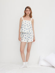 100% Cotton Square Neck Floral Oversized Cami Top & Mid Rise Elastic Waist Shorts Loungewear Set
