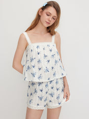 100% Cotton Square Neck Floral Oversized Cami Top & Mid Rise Elastic Waist Shorts Loungewear Set