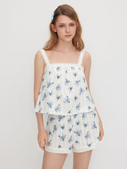 100% Cotton Square Neck Floral Oversized Cami Top & Mid Rise Elastic Waist Shorts Loungewear Set