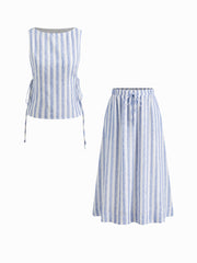 Boat Neck Stripe Tie Side Top & Mid Rise Drawstring Elastic Waist Maxi Skirt Set
