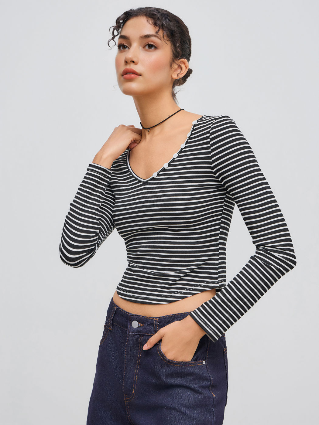 V-neck Curved Hem Striped Button Long Sleeve Tee