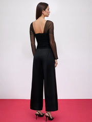 Mesh Square Neck Ruched Long Sleeve Top