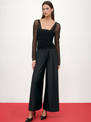 Mesh Square Neck Ruched Long Sleeve Top
