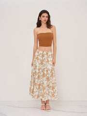 Solid Crop Tube Top & Mid Rise Floral Ruffle Tiered Maxi Skirt Set