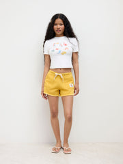Denim Low Rise Drawstring Knotted Raw Hem Micro Shorts