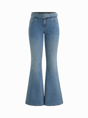 Stretch Cider Denim Low Rise Flared Jeans With Belt