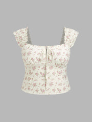 Ditsy Floral Knotted Lettuce Trim Tank Top Curve & Plus