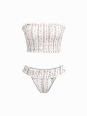 Bandeau Floral Shirred Lettuce Trim Bracelet Bikini Set