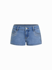 Stretch Cider Denim Low Rise Rhinestone Straight Leg Micro Shorts