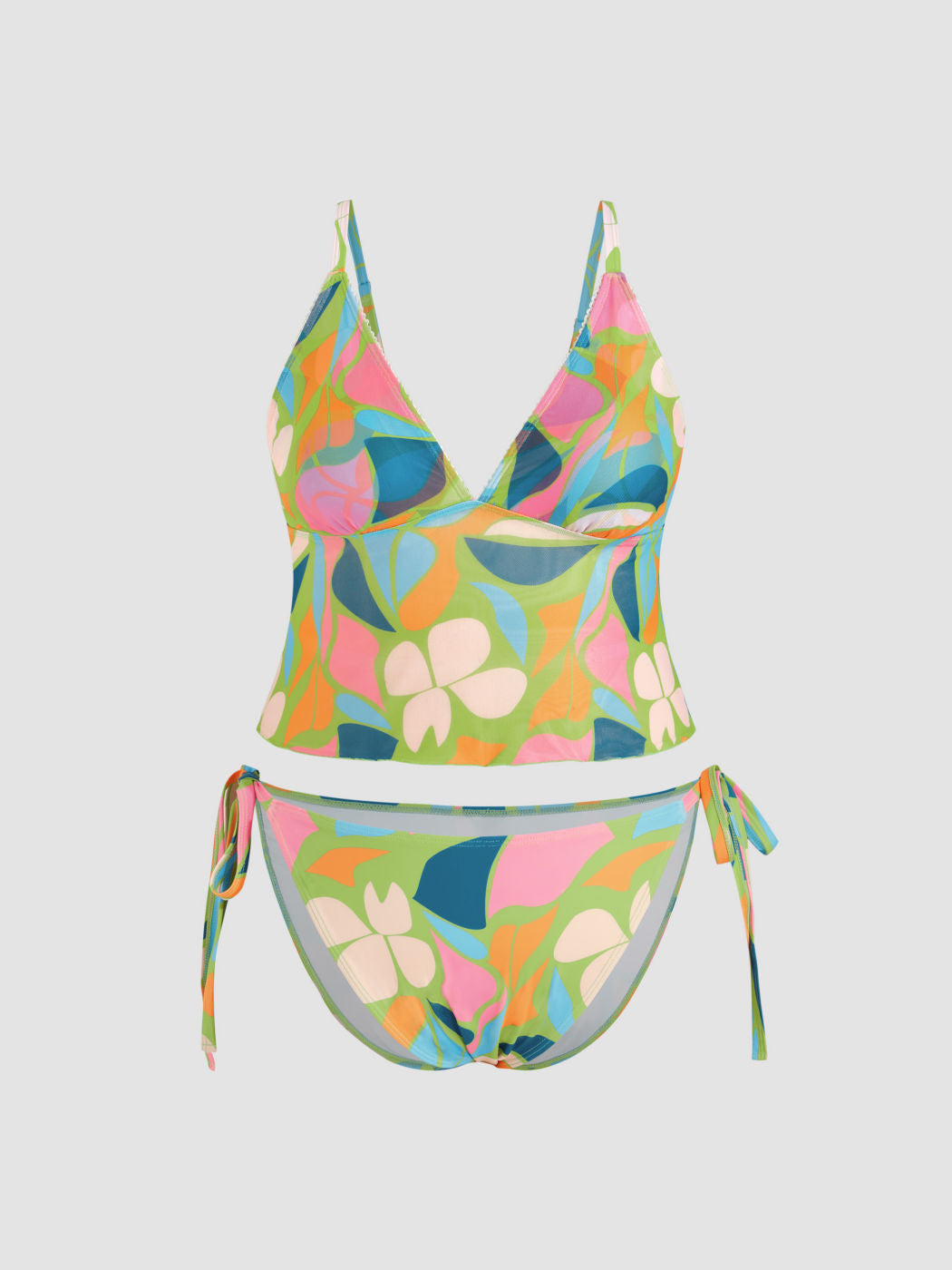 V-neck Abstract Tankini Tie Side Bikini Set Curve & Plus