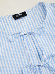 Cotton-blend Stripe Tie Front Bow Blouse