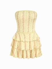 Floral Layered Bowknot Lace Trim Bandeau Mini Dress