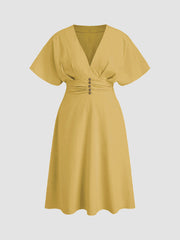 Linen-blend V-neck Ruffle Ruched Midi Dress Curve & Plus