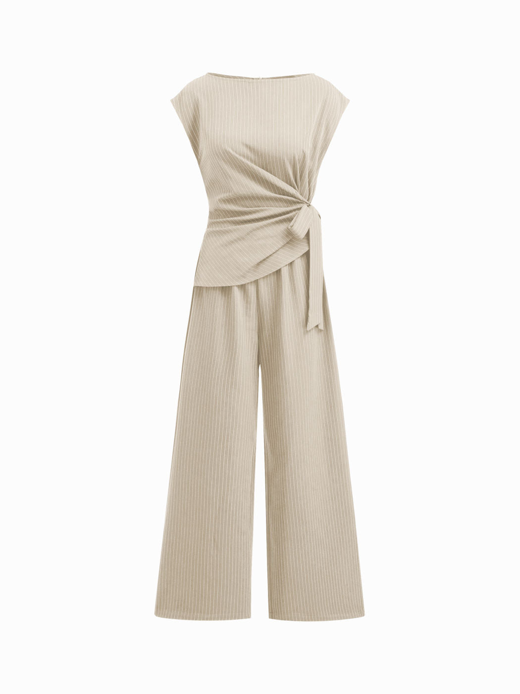 Boat Neck Stripe Ruched Knotted Straight Leg Jumpsuit