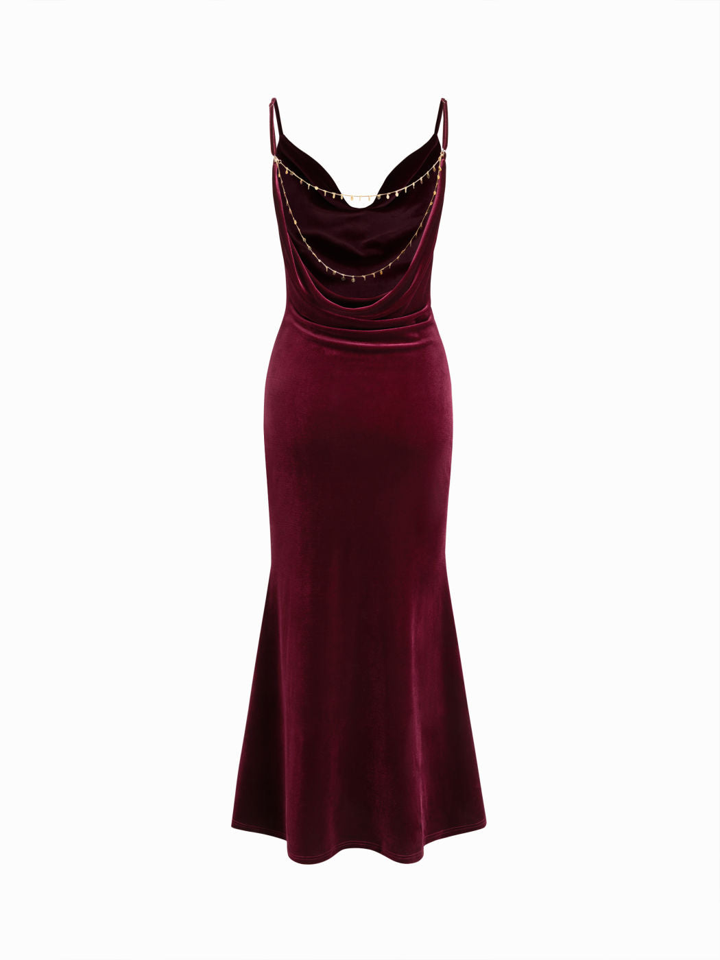 Velvet Cowl Neck Backless Chain Detail Mermaid Maxi Dress
